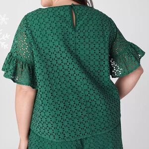 Lane Bryant Womens Hunter Green Eyelet Short Ruffle Sleeve Cotton Top Size 14